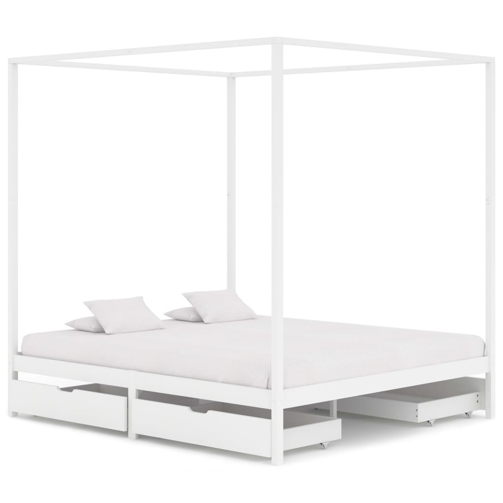 Canopy Bed Frame with 4 Drawers White Solid Pine Wood 160x200cm